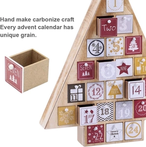 Wooden Christmas advent calendar tree with 24 carbonized drawers and snowflake patterns