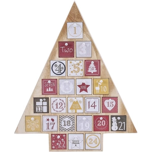Close-up of wooden Christmas tree advent calendar with 24 numbered festive compartments