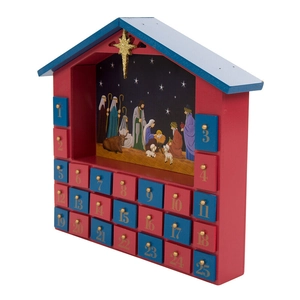 Detail of wooden Christmas advent calendar with 25 drawers and nativity scene