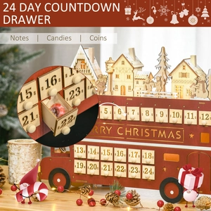 Red wooden bus advent calendar with 24 countdown drawers and festive scene on top