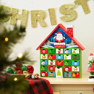 Wooden Christmas advent calendar with 24 numbered drawers and festive house design