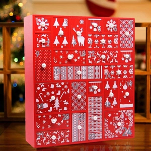 Hölzerner Weihnachtsadventskalender mit 24 roten Schubladen und festlichen Motiven