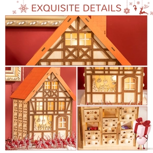Wooden Christmas countdown advent calendar house with LED lights and 24 drawers