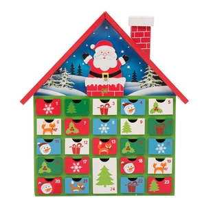 Wooden house Christmas advent calendar with 25 countdown drawers and festive illustrations