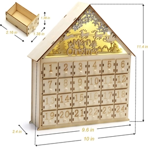 Detailed dimensions of a wooden house-shaped advent calendar with 24 small drawers