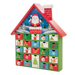 Detailed view of 24 drawers on a wooden house-shaped Christmas advent calendar