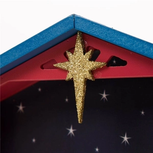 Wooden Christmas LED advent calendar with nativity scene and gold glitter star ornament