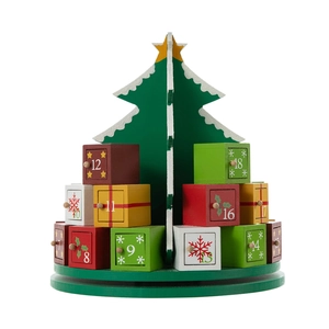 Wooden Christmas tree advent calendar with numbered colorful drawers and yellow star topper