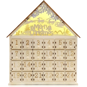 Lighted wooden Christmas advent calendar house with 24 drawers and reindeer forest carving