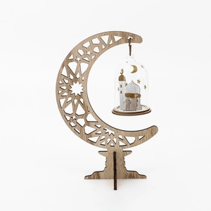 Moon-shaped wooden Ramadan ornament with hanging glass dome and intricate geometric carvings