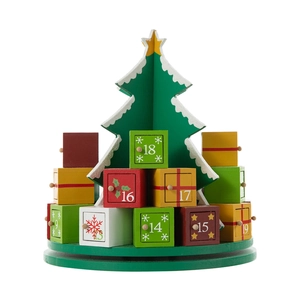 Close-up of a wooden Christmas tree advent calendar with colorful numbered gift drawers