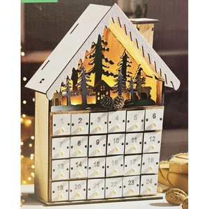 White wooden house Advent calendar with 24 drawers and festive LED forest scene