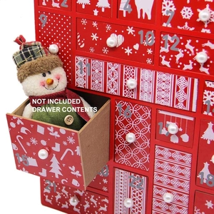 Roter Adventskalender aus Holz mit Schneeflocken-Schubladen und Rentier-Motiven
