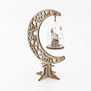 Intricate laser-cut wooden moon stand with glass dome featuring mosque silhouette detail