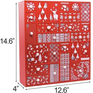 Maße des roten Adventskalenders aus Holz mit 24 Schubladen und Rentier-Motiv-Details