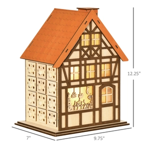 LED lighted wooden house advent calendar with 24 numbered drawers for Christmas countdown