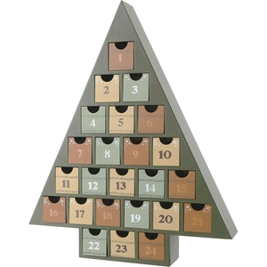 Detail view of 24 numbered drawers on the green wooden Christmas tree advent calendar