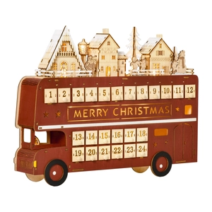 Red wooden Christmas advent calendar bus with 24 drawers and LED glowing snow scene
