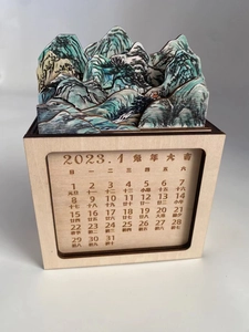 3D Chinese style miniature wooden desk calendar with mountain landscape wood carving
