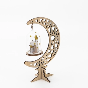 Detailed wooden moon ornament with a glass dome hanging charm featuring mosque and stars