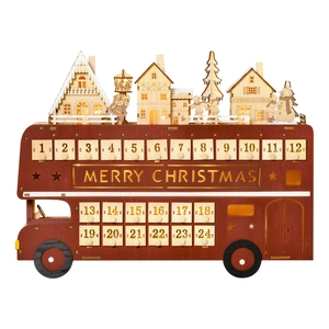 Detail of red wooden Christmas bus advent calendar with 24 drawers and a snowy miniature scene