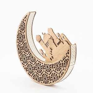 Detailed laser-cut texture on wooden crescent moon and mosque silhouette lamp
