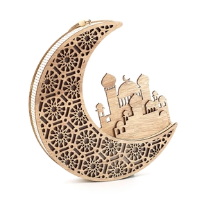 Detail showing natural wood grain texture and laser-cut mosque moon decoration