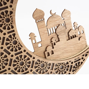 Islamic LED moon lamp with wooden mosque silhouette and intricate laser-cut patterns