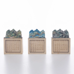 Wooden perpetual calendar with 3D Chinese landscape scenery and traditional cultural motifs
