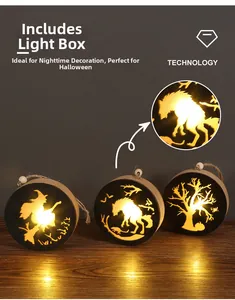 Vue macro des ornements LED d'Halloween en bois avec silhouettes de sorcière et loup