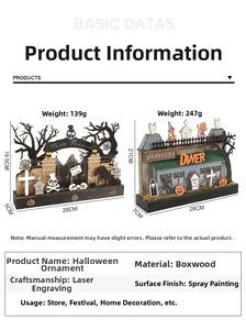 Detail der lasergeschnittenen Halloween-Deko aus Buchsbaum mit Friedhof-Szenen
