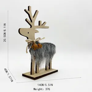 Christmas wooden reindeer ornament with grey faux fur and bells on white background