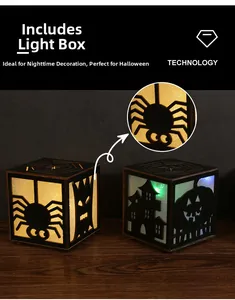 Detail of Halloween wooden LED light box with spider and pumpkin silhouette carving