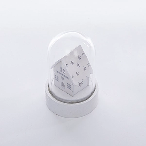 European Christmas LED glowing wooden house ornament in a glass dome on white base