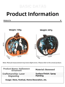 Vue détaillée du décor d'Halloween en bois avec dimensions et informations de poids