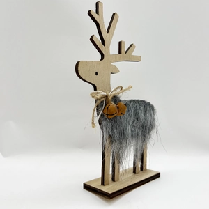 Christmas wooden reindeer ornament with grey faux fur decor and festive bells on white background
