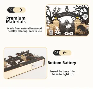 Makroaufnahme der Halloween-Holzsilhouette und des Batteriefachs am Sockel des Objekts