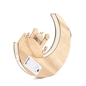 Moon shaped wooden LED lamp with mosque silhouette for Islamic holiday table decoration