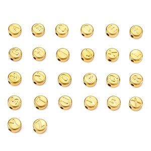 Polished gold stainless steel alphabet beads set with A-Z engraving for DIY jewelry