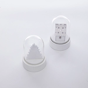European white wooden Christmas house and tree in glass dome with LED night light decoration