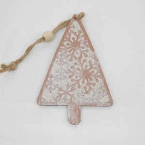 Detail of wooden Christmas tree ornament with white snowflakes and rustic hemp rope