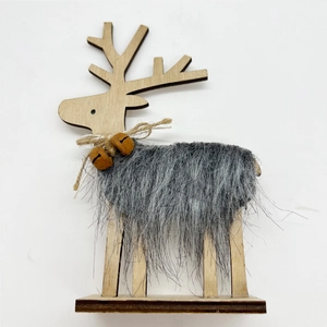 Handcrafted wooden Christmas reindeer desk ornament with grey faux fur and bells