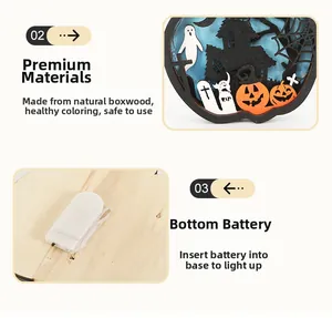 Détails d'une lanterne citrouille d'Halloween en bois multicouche avec boîtier LED
