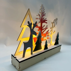 Nordic wooden Christmas deer ornament with multi-layer laser cut forest and warm LED lights