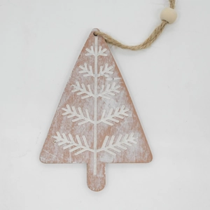Close-up of wooden Christmas tree hanging ornament with snowflake patterns and jute rope