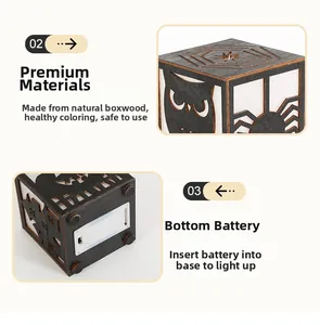 Detail of wooden pumpkin light showing boxwood texture and bottom battery compartment