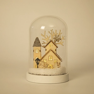 Boule à Neige de Noël LED en Bois et Verre Veilleuse Maison Scène de Neige Miniature Décoration de Table de Vacances Maison