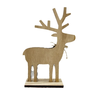 Minimalist wooden reindeer figurine with jute bow for Christmas tabletop decoration