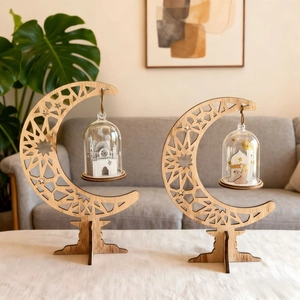 Wooden Crescent Moon Ornament With Glass Dome Miniature Mosque Scene Laser Cut Ramadan Eid Mubarak Home Desktop Craft Decor