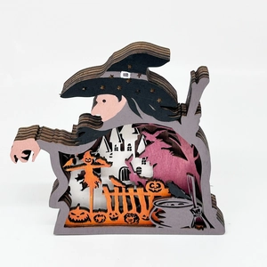 Detalle de decoración de madera de Halloween multicapa con bruja, castillo y calabazas